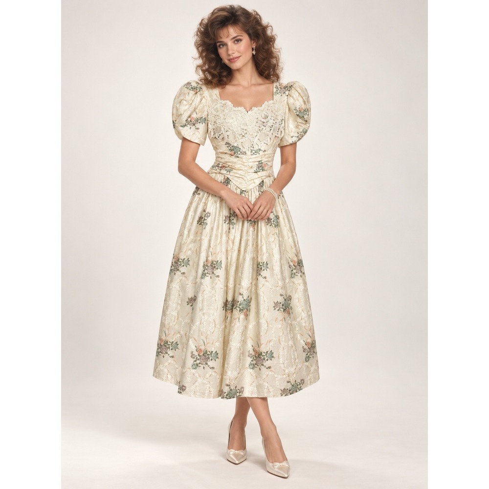 Scott McClintock Floral Lace Midi Dress 8 Cream Puff Sleeve Criss Cross Back